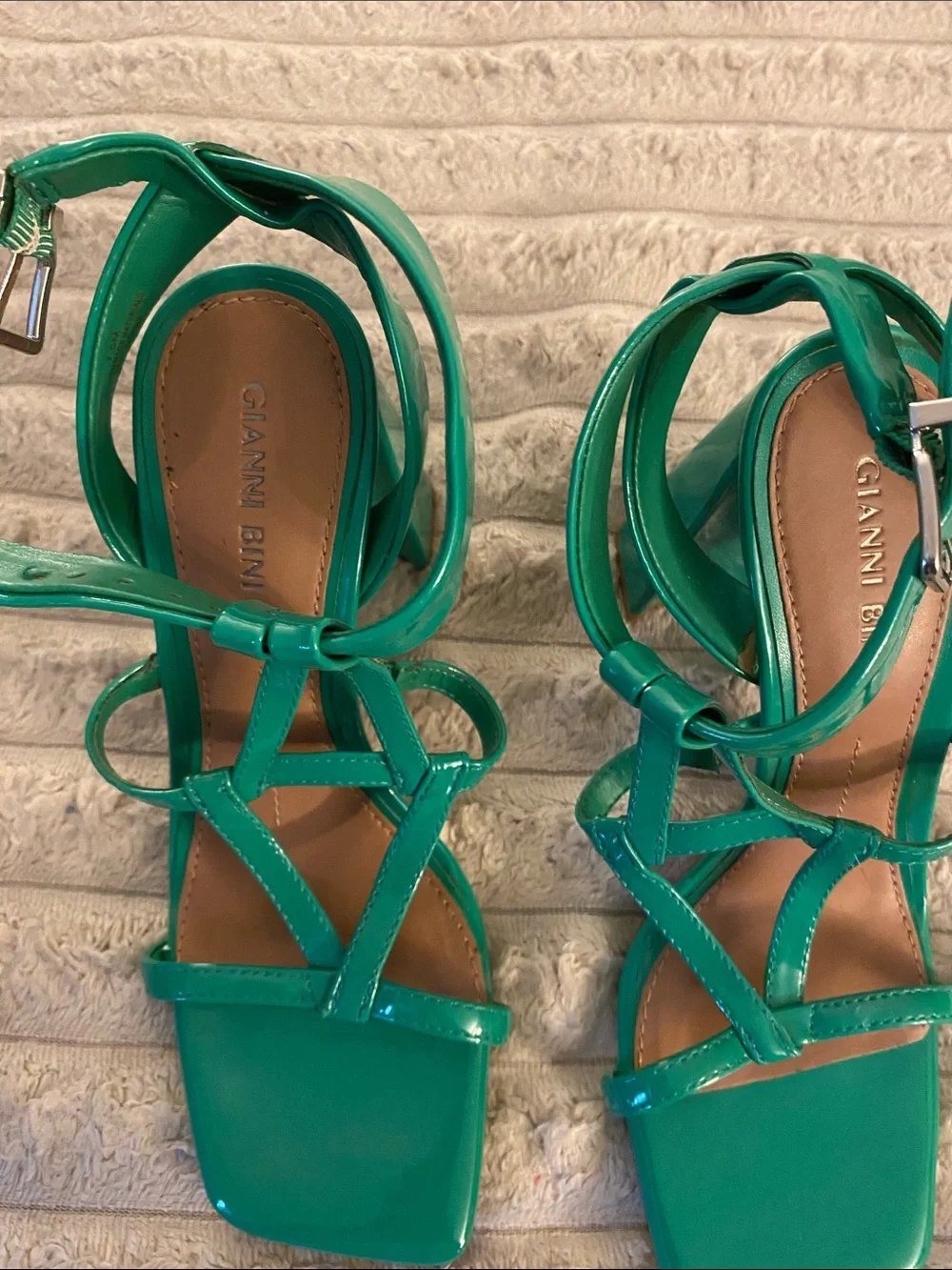 Gianni Bini Teal Green Patent Strappy with Chunky Heels